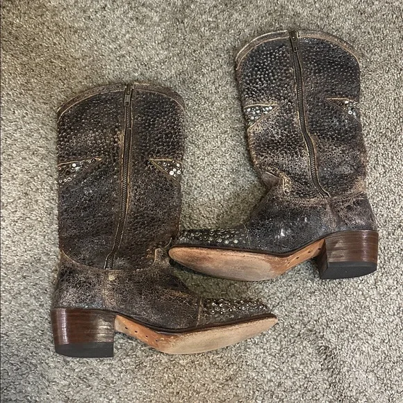 Frye Studded Star Distressed Leather Western Cowboy Boots Brown Size 5 - Picture 3 of 10